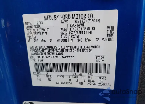 2014 Ford F-150 Xlt из США, поврежденный, VIN 1FTFW1EF3EFA43277